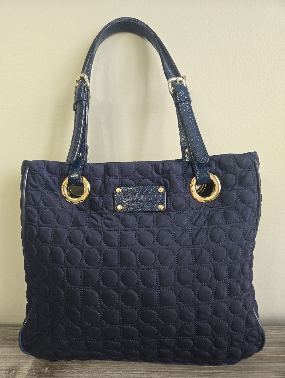Kate Spade Navy Quilted Nylon Tote Bag Gold Hardware Green Lining